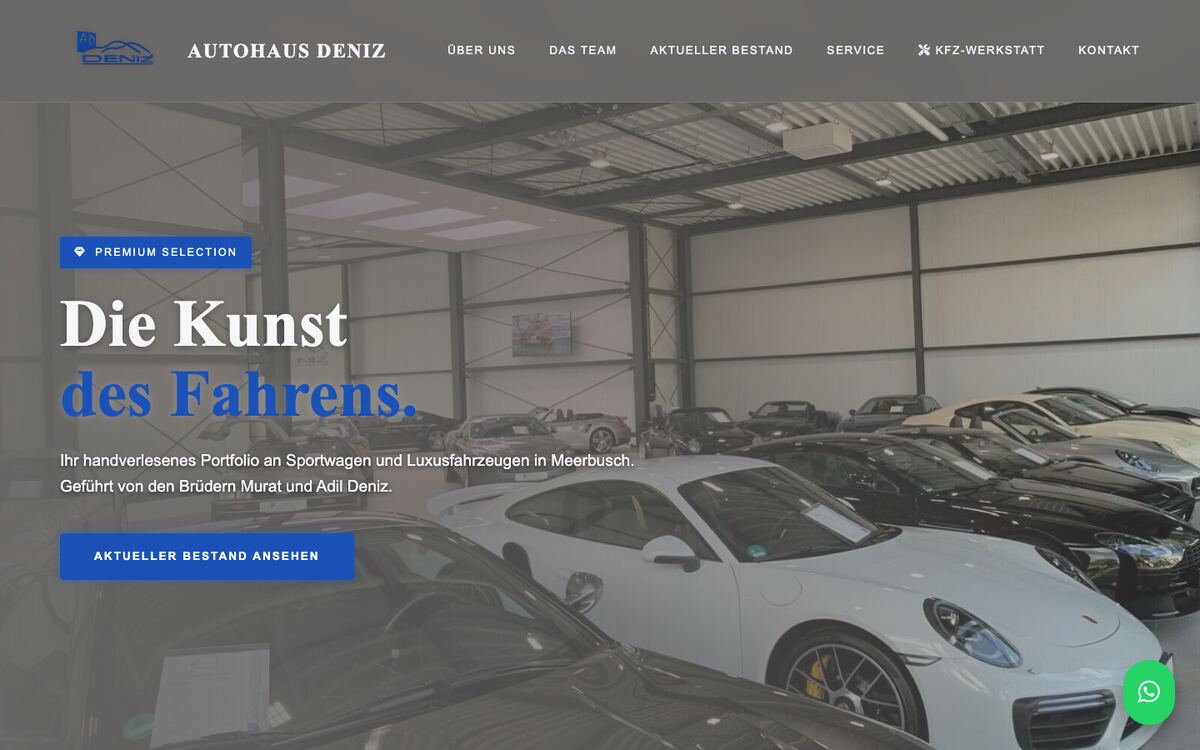 Startseite von Autohaus Deniz mit Showroom-Aufnahme und Bestands-Button