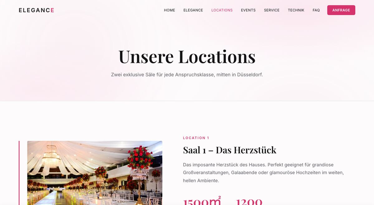 Locations-Seite der Eventlocation Elegance mit Saal-Übersicht und Kennzahlen