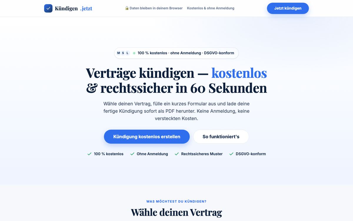 Startseite des Web-Tools Kündigen.jetzt mit Formular-Einstieg